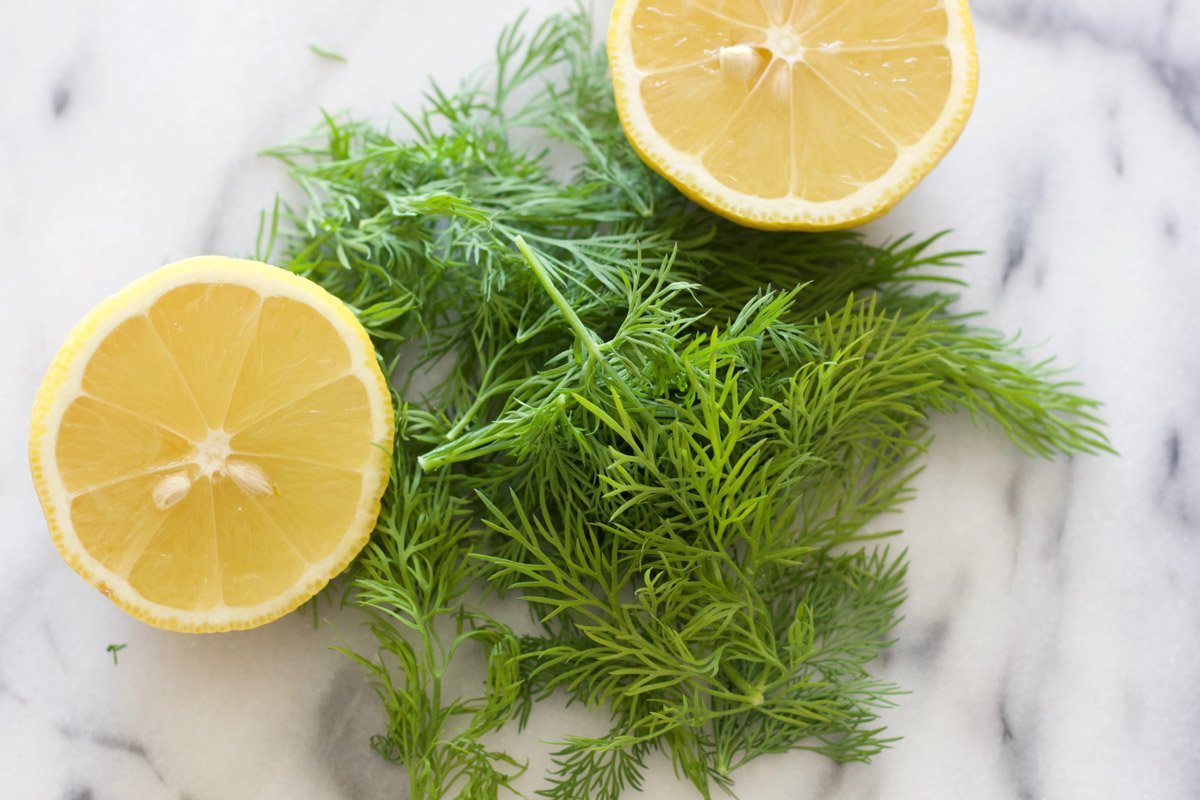 Lemon halves and fresh dill on a marble counter 