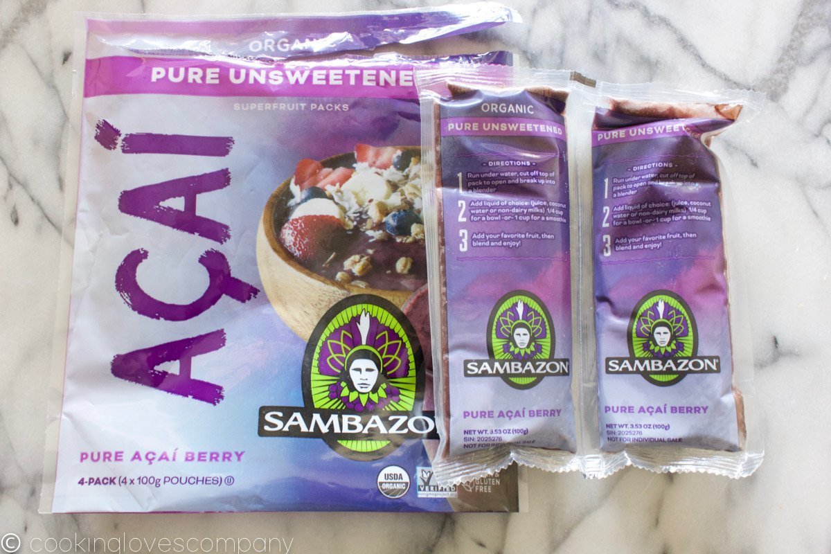 A bag of acai puree on a marble counter