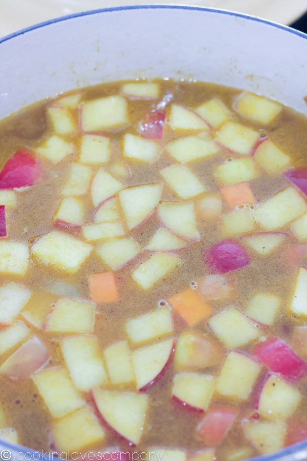 Close up of a dutch oven with vegetables in broth