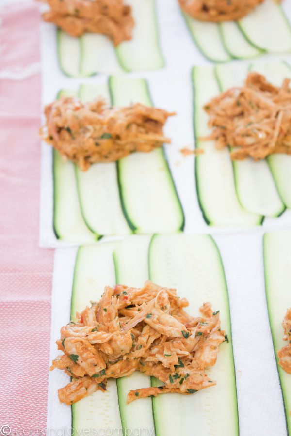Zucchini slices with shredded chicken filling