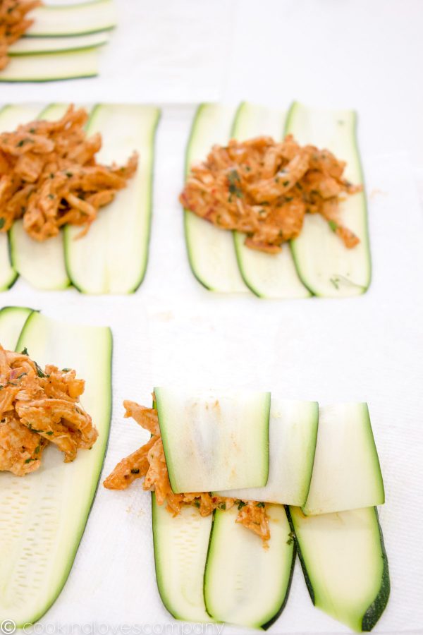 Zucchini slices with shredded chicken filling