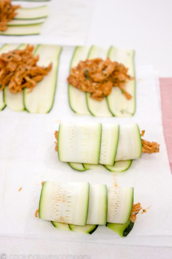 Zucchini slices with shredded chicken filling