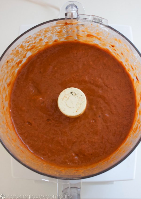 Red chile enchilada sauce in a food processor