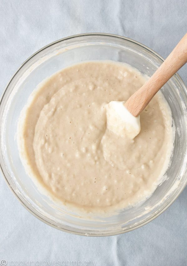 Pancake batter in a glass mixing bowl