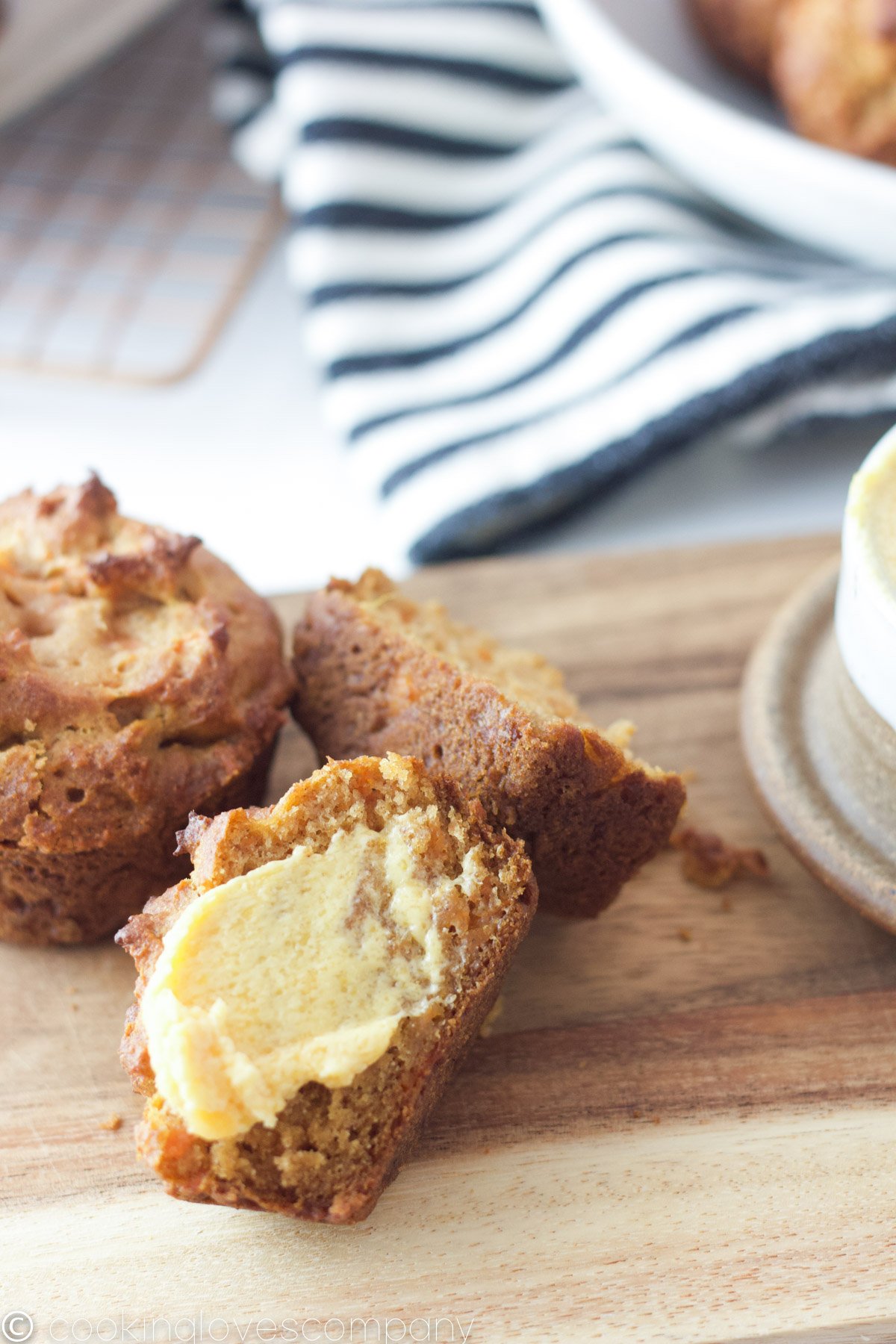 Persimmon butter on a muffin on a cutting board